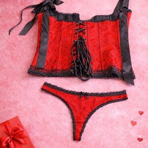 NWT Red & Black Lace Corset Top with Matching Thong Set